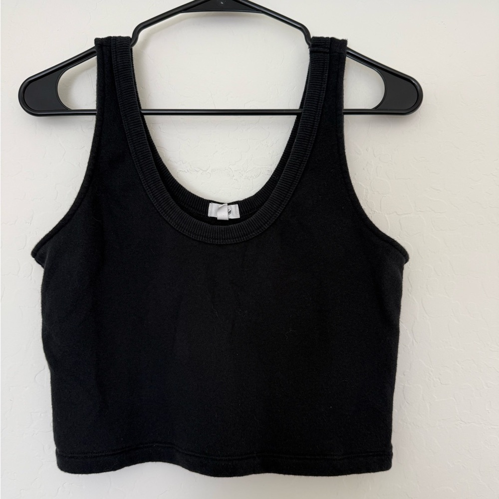 Aerie Women’s Black Cropped Tank Top Thick Cotton Crochet Cutout Basic Lounge XS